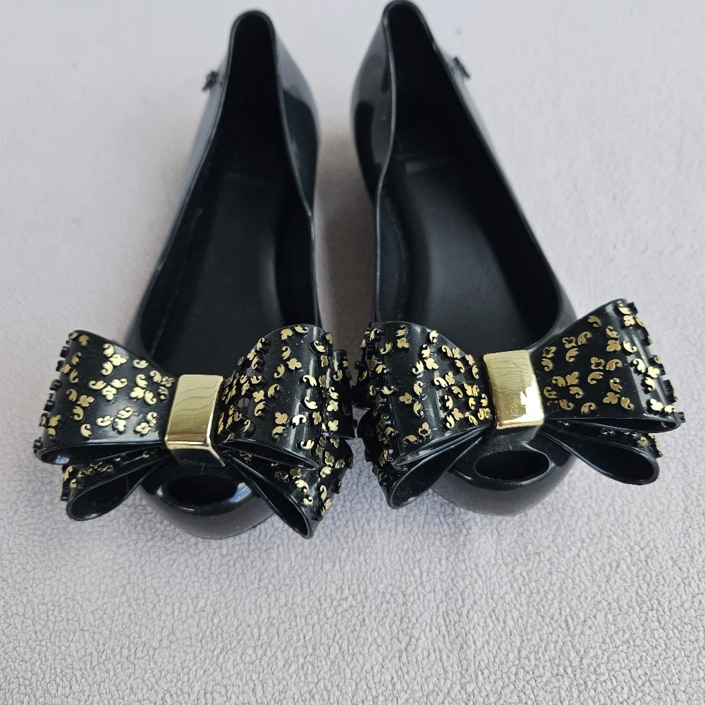 Melissa Mini Mel Ultragirl Sweet XVI Black Gold Jelly Flat Bow Girl SZ 11 Formal
